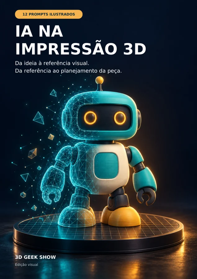 Capa do e-book IA na Impressão 3D: 12 prompts ilustrados, do 3D Geek Show
